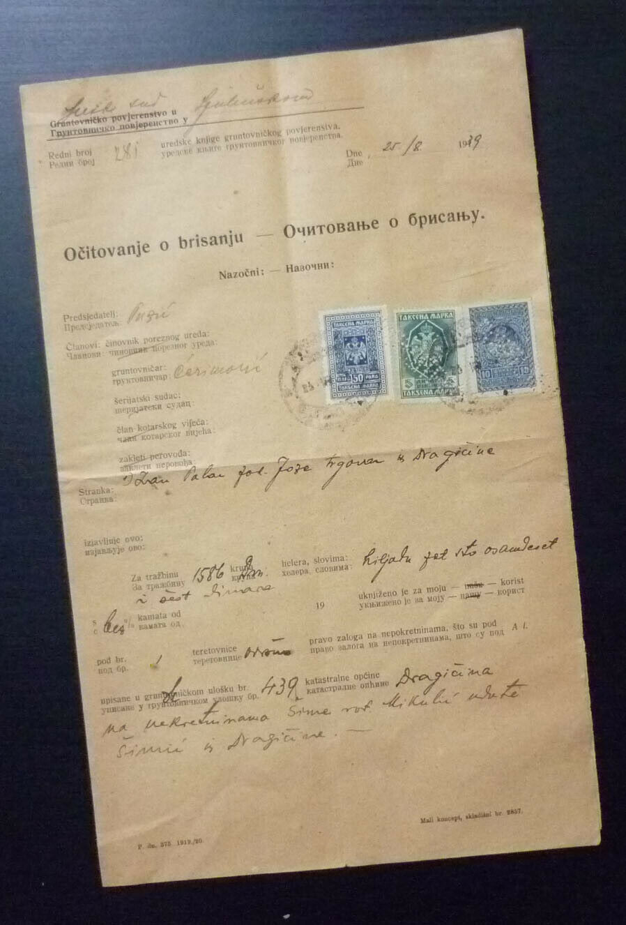 Yugoslavia 1939 Croatia Bosnia Revenue Stamps On Document A6