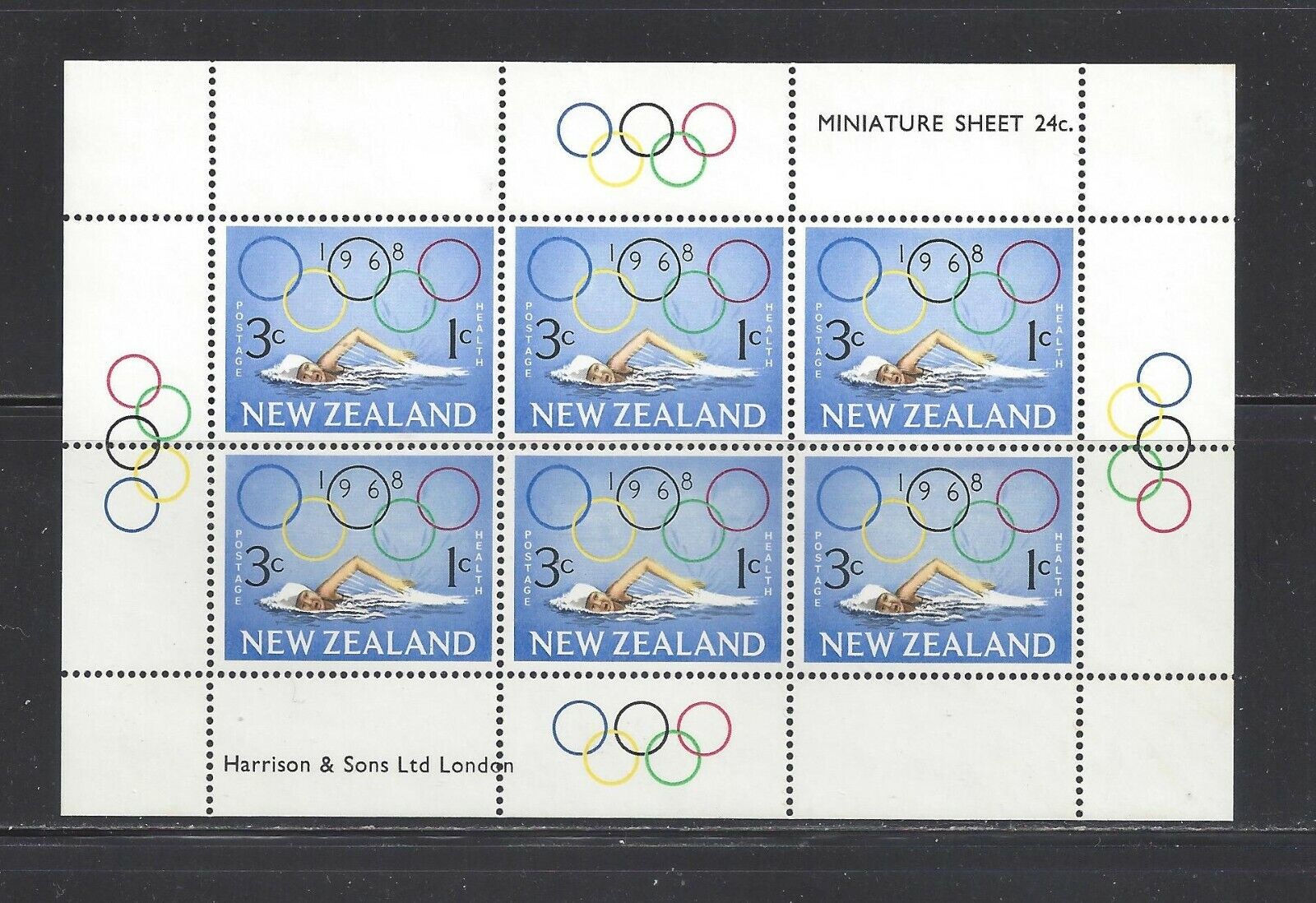 New Zealand - B76a - Sht Of 6 - Mnh - 1968 - Girl Swimming & Olympic Rings