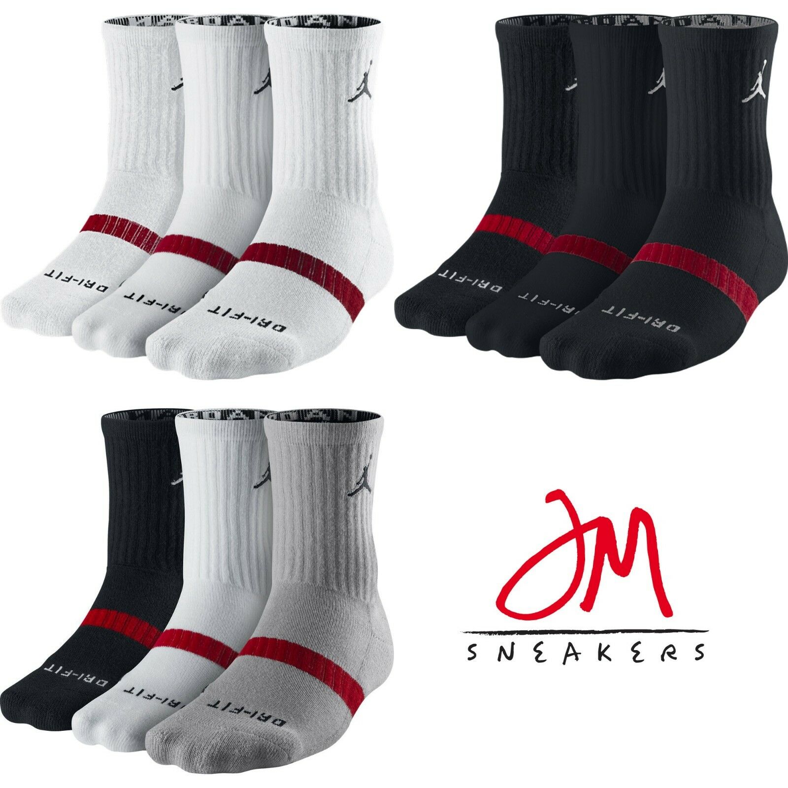 Nike Jordan Dri-fit 3-pack Crew Socks Black White Multi-color Packs 546481