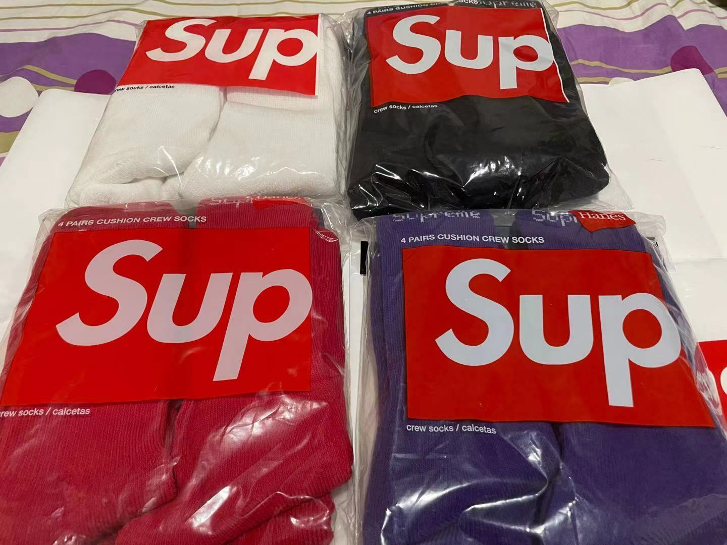 Supreme Hanes Crew Socks(4 Pairs) - Purple-black-white-red --100% Authentic