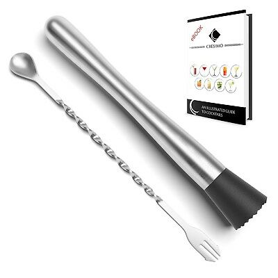 10 Inch Cocktail Muddler (stainless Steel) And Mixing Spoon With Cocktail Rec...